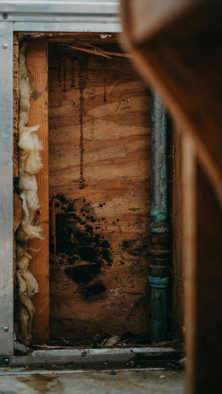 Close-up of hidden water damage and rotted wood inside an old camper wall.