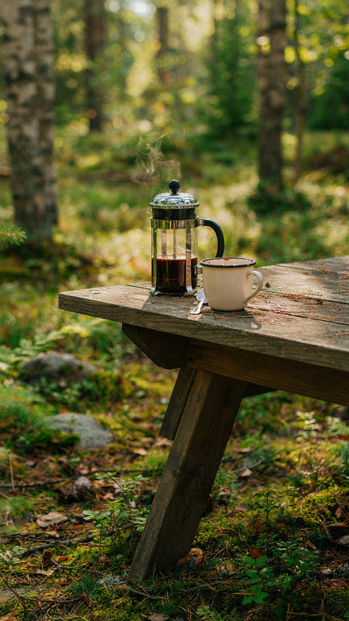 A wobbly outdoor coffee setup with a French press looks like it will fall.