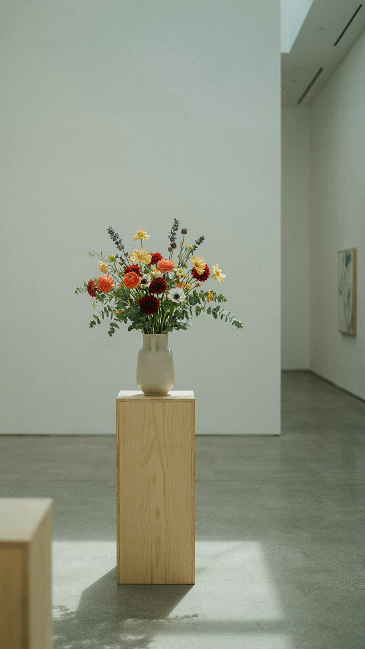 A single, perfect wildflower bouquet stands alone in an art gallery.