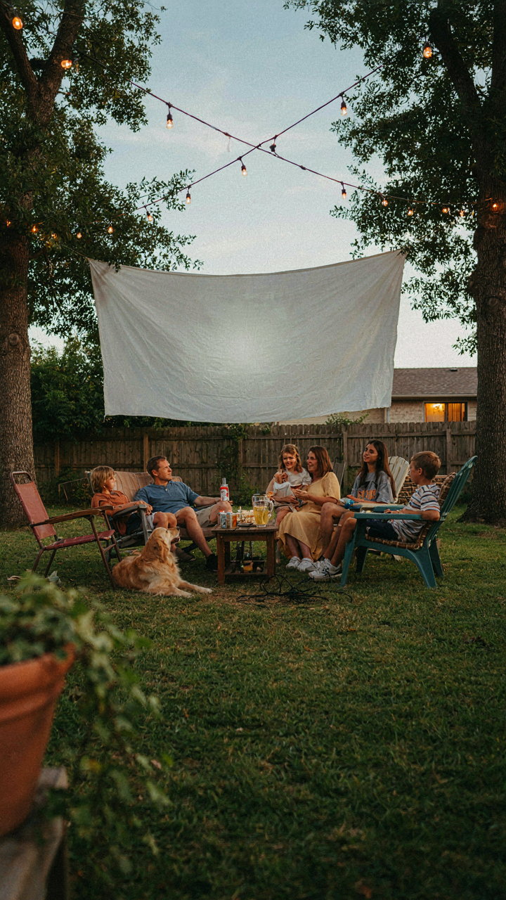 A charming and slightly imperfect backyard movie setup looks welcoming.