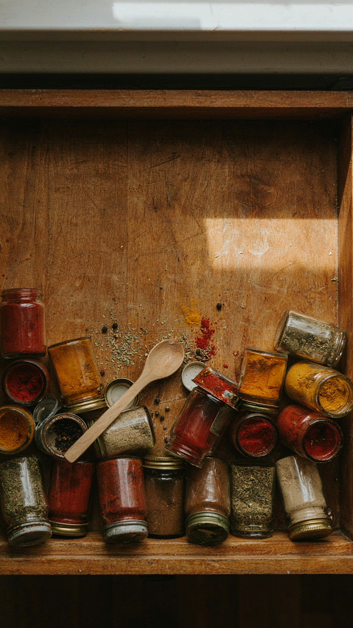 A messy kitchen drawer jammed with too many unorganized spice jars.