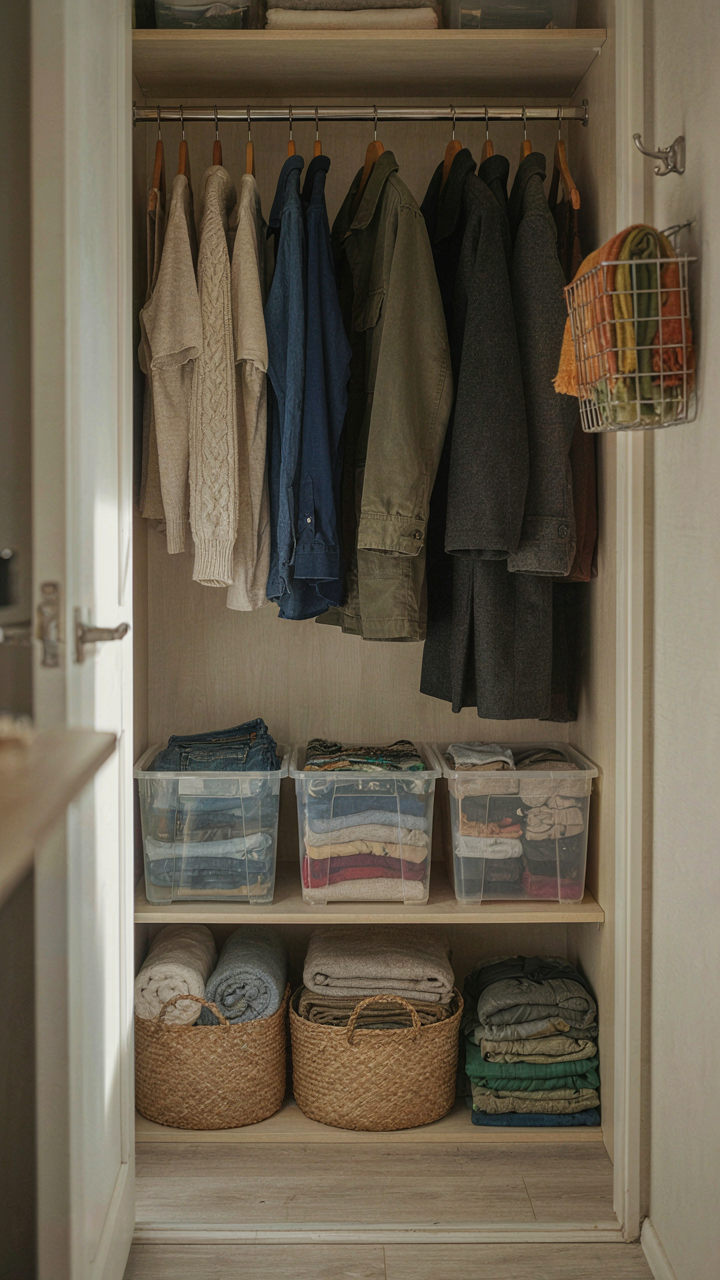 A small RV closet has dedicated, labeled zones for clothes.