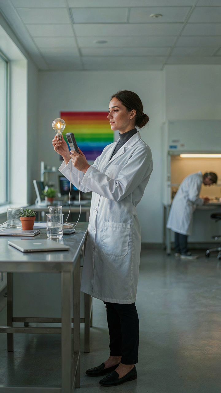 A scientist uses a tool to analyze the color spectrum of a light bulb.