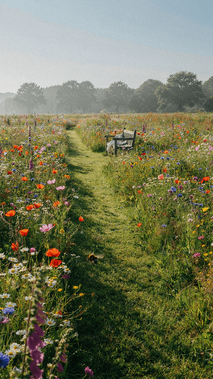 A wildflower meadow with mown paths leading to a hidden cottage garden seating spot.