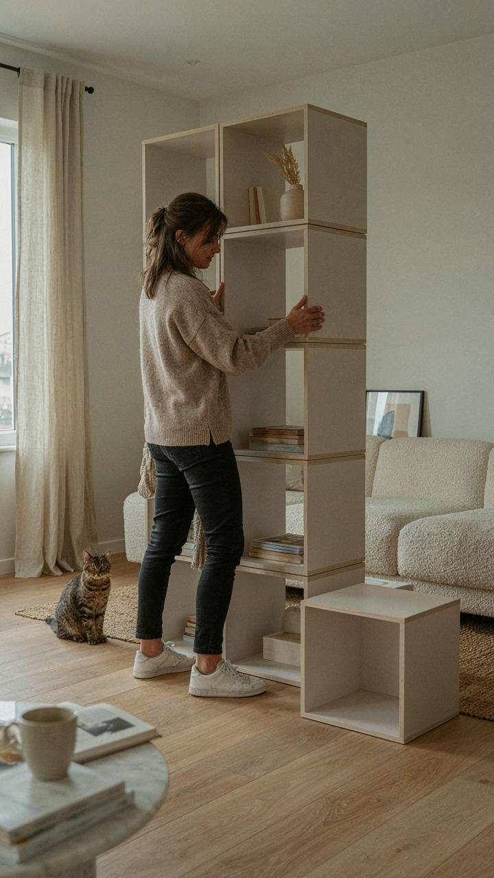 A modular shelving unit being reconfigured in a modern living room.