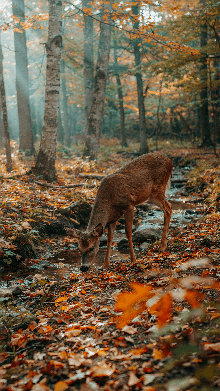 A deer forages on a forest floor covered in autumn leaves.