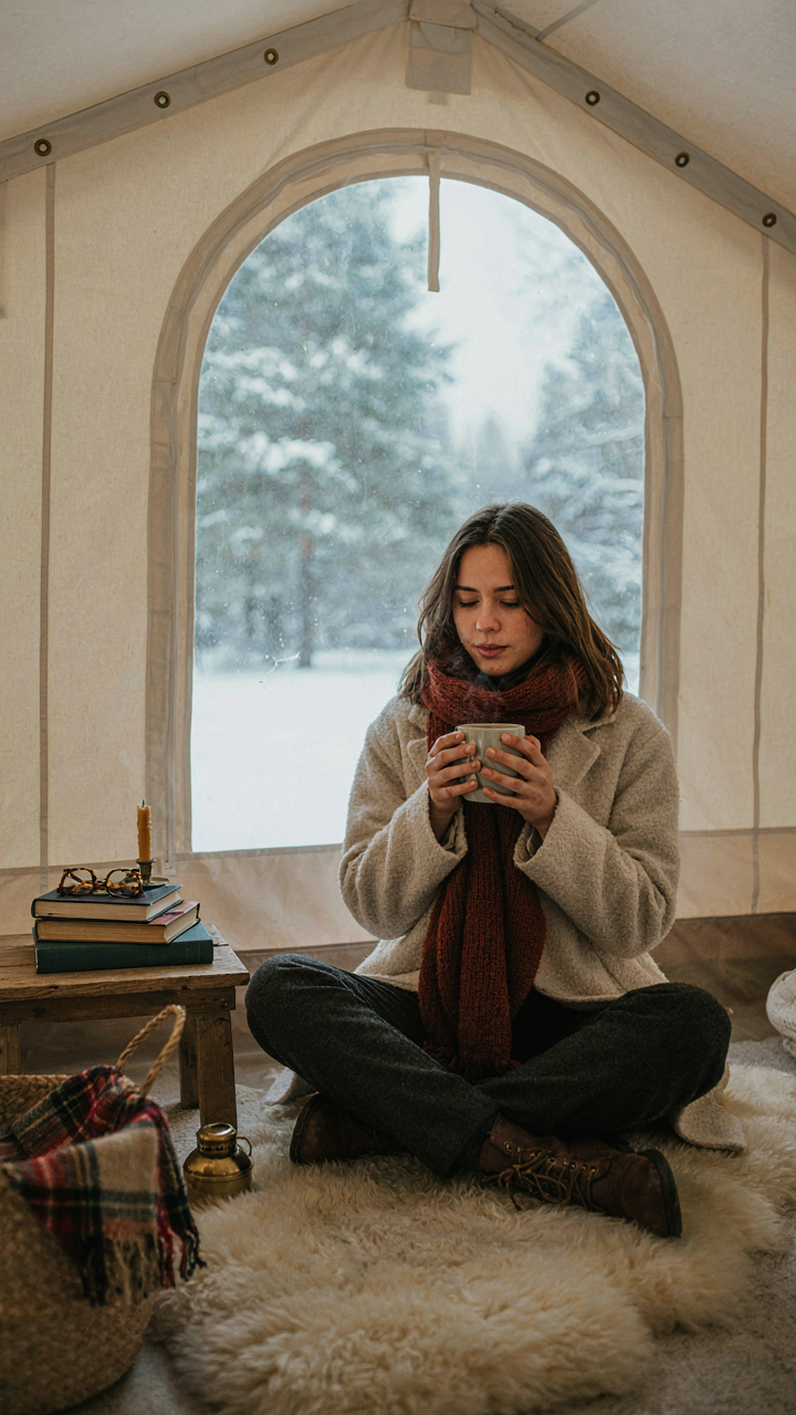 A person shivers slightly inside a warm glamping tent, holding a hot mug.
