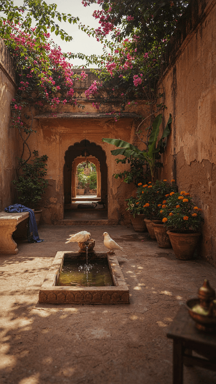 A peaceful Indian courtyard garden with high walls and potted plants.