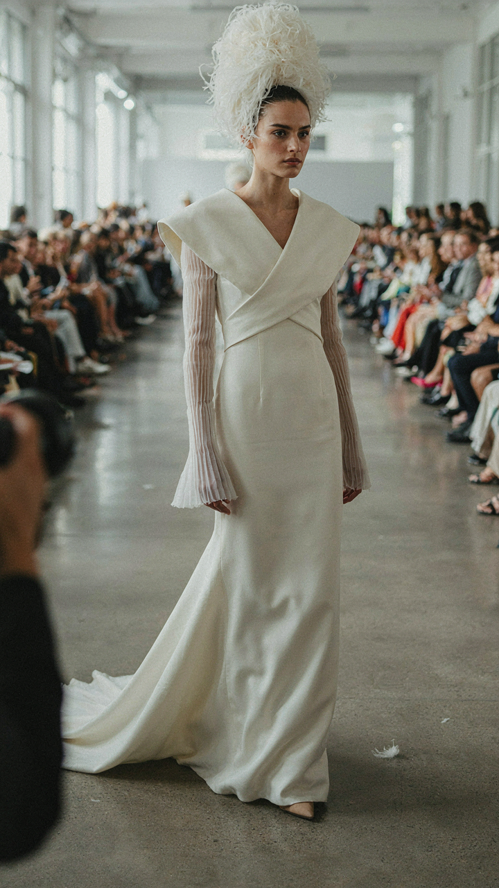 A fashion model posing in a beautiful but impractical outfit on a runway.