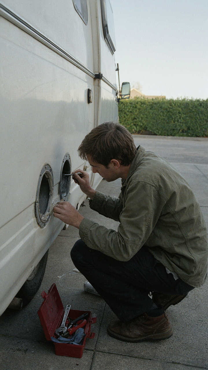A person carefully seals an exhaust vent for a van heating system on a van's exterior.