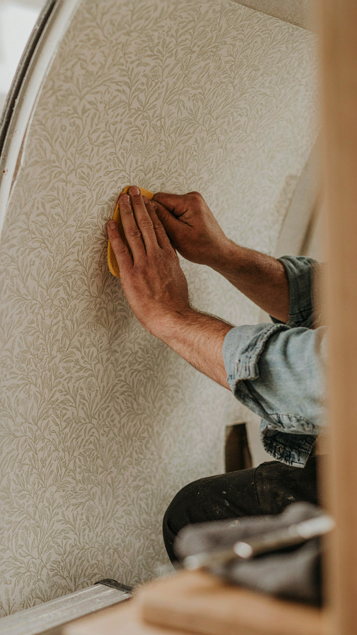 A worker carefully smooths newly applied wallpaper onto an RV wall.