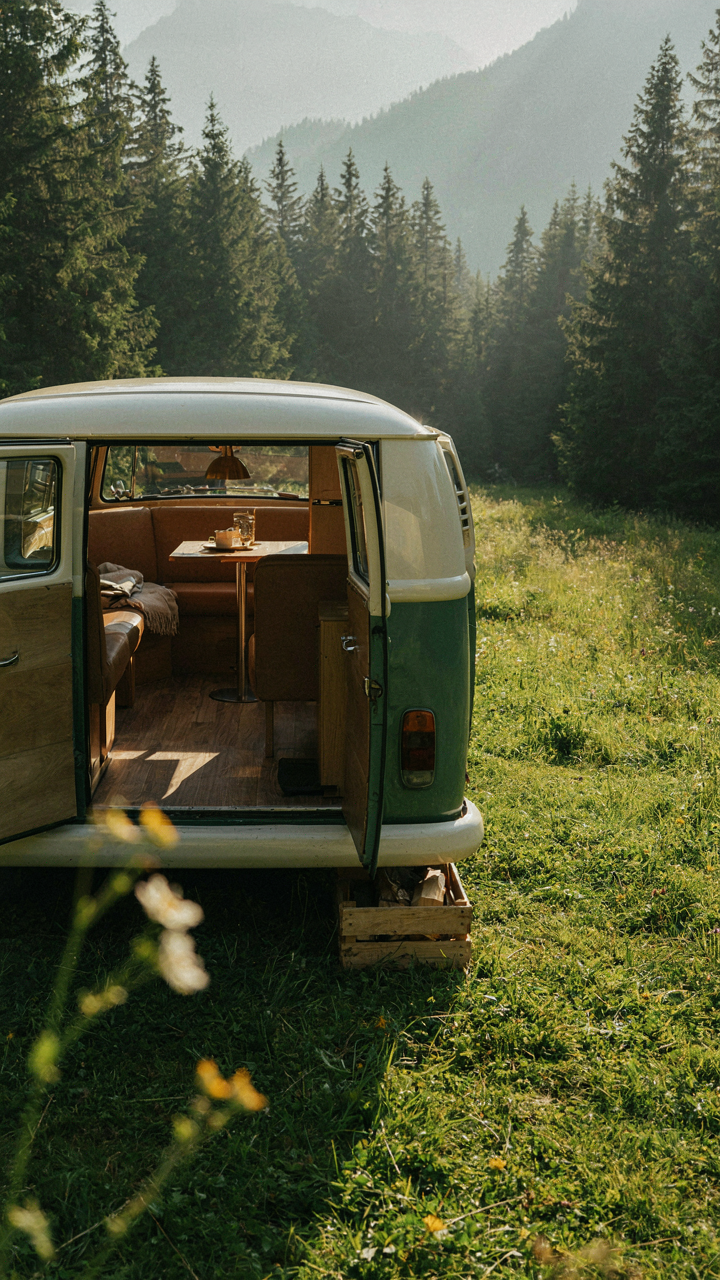 A van's interior seamlessly extending to the outdoors, with matching flooring and a view.
