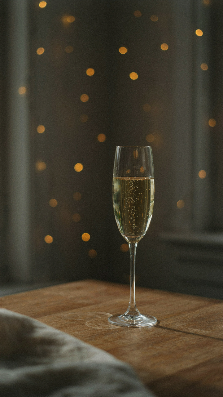 A single champagne flute sits on a wooden table, emphasizing intentional simplicity.