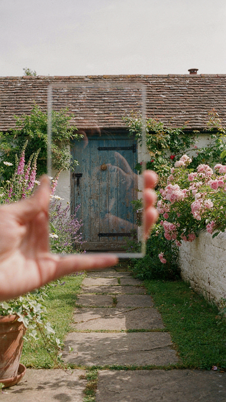 A clear glass filter held up to show a garden path.