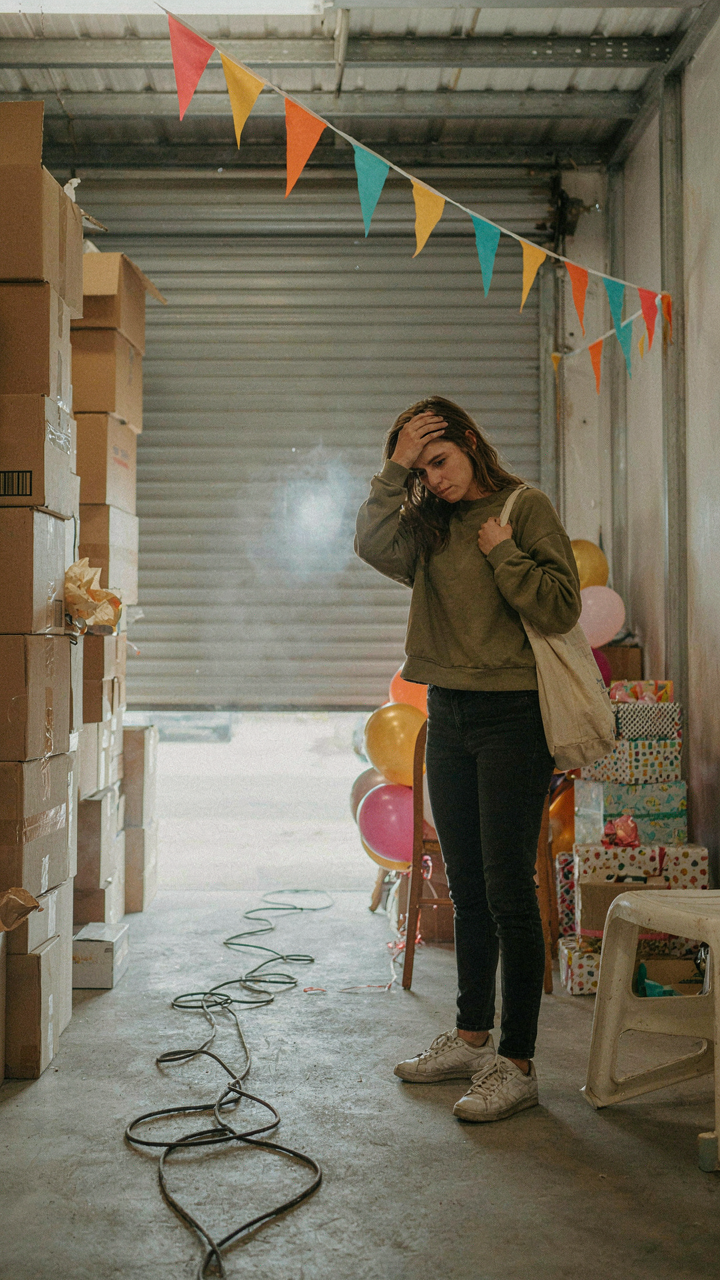 A person looks stressed while standing in a storage unit packed with party supplies.
