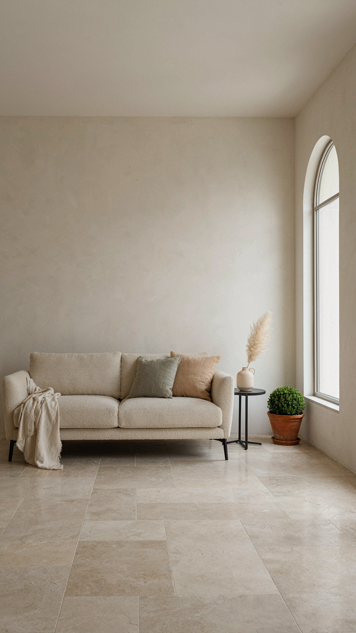An uncluttered corner patio with a single sofa, making the space feel larger.