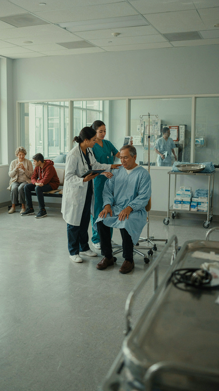 Doctors and nurses triage patients in a busy hospital emergency room setting.