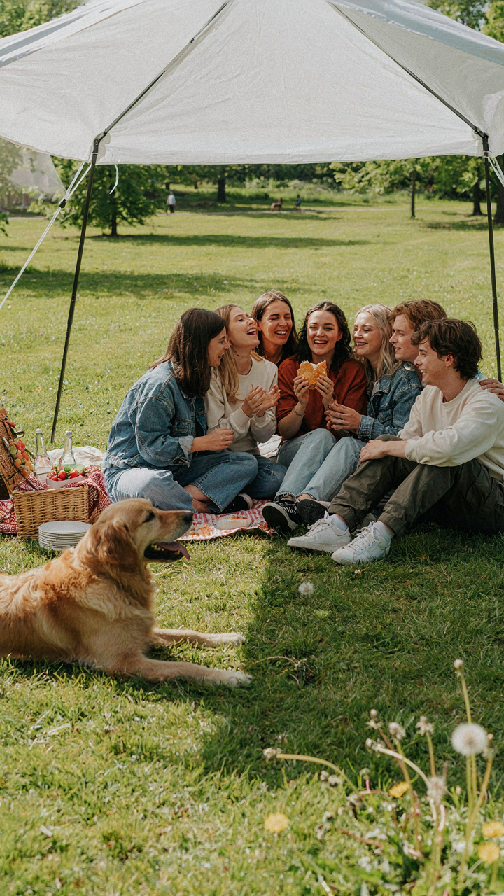 Friends enjoy a simple pop-up picnic canopy without fuss or extravagance.