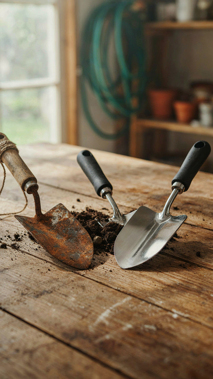 A rusty metal garden tool next to a new stainless steel tool.