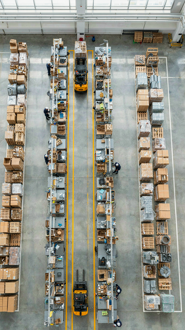 An aerial view of a neat factory floor with clear paths for workers.