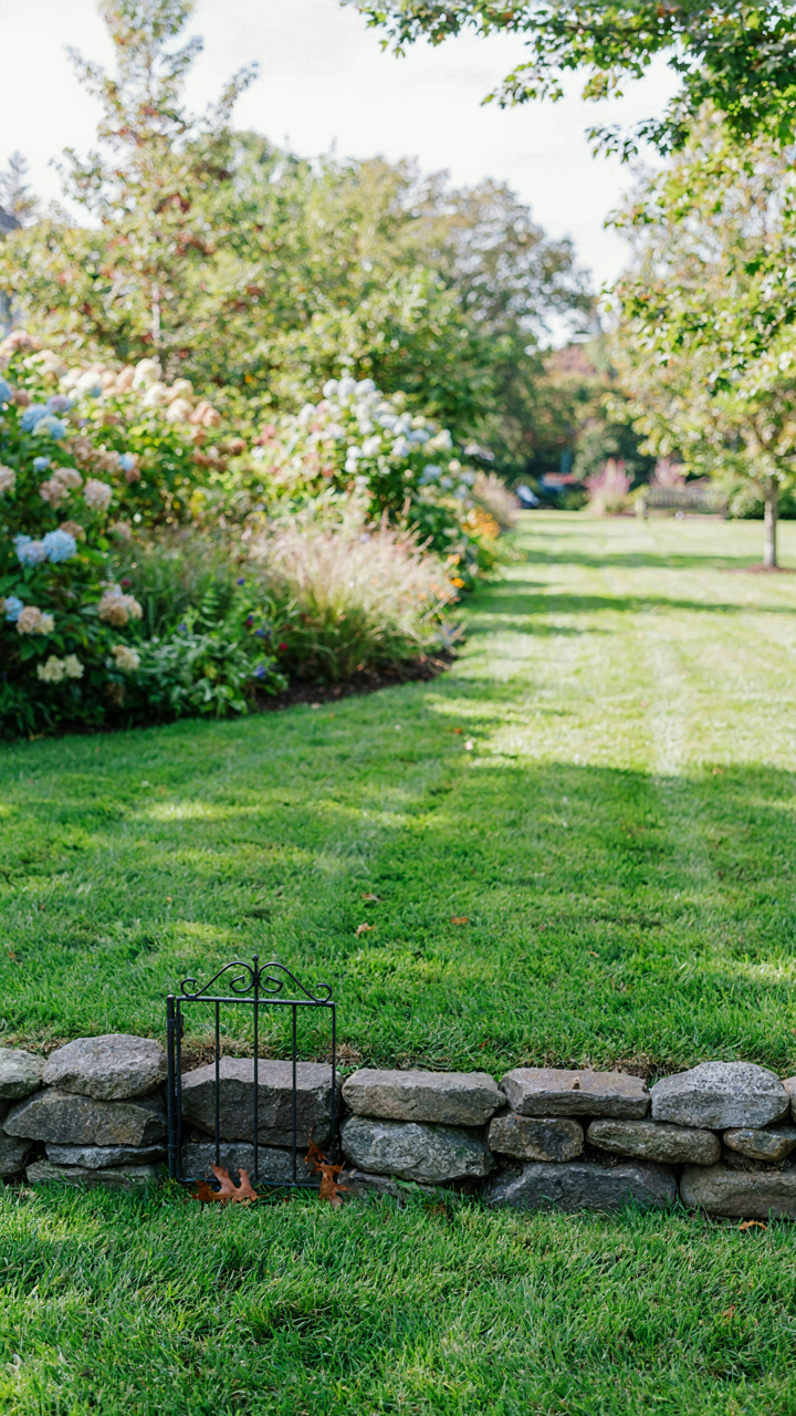 A lawn with a clear stone border and a small gate, marking a private area.
