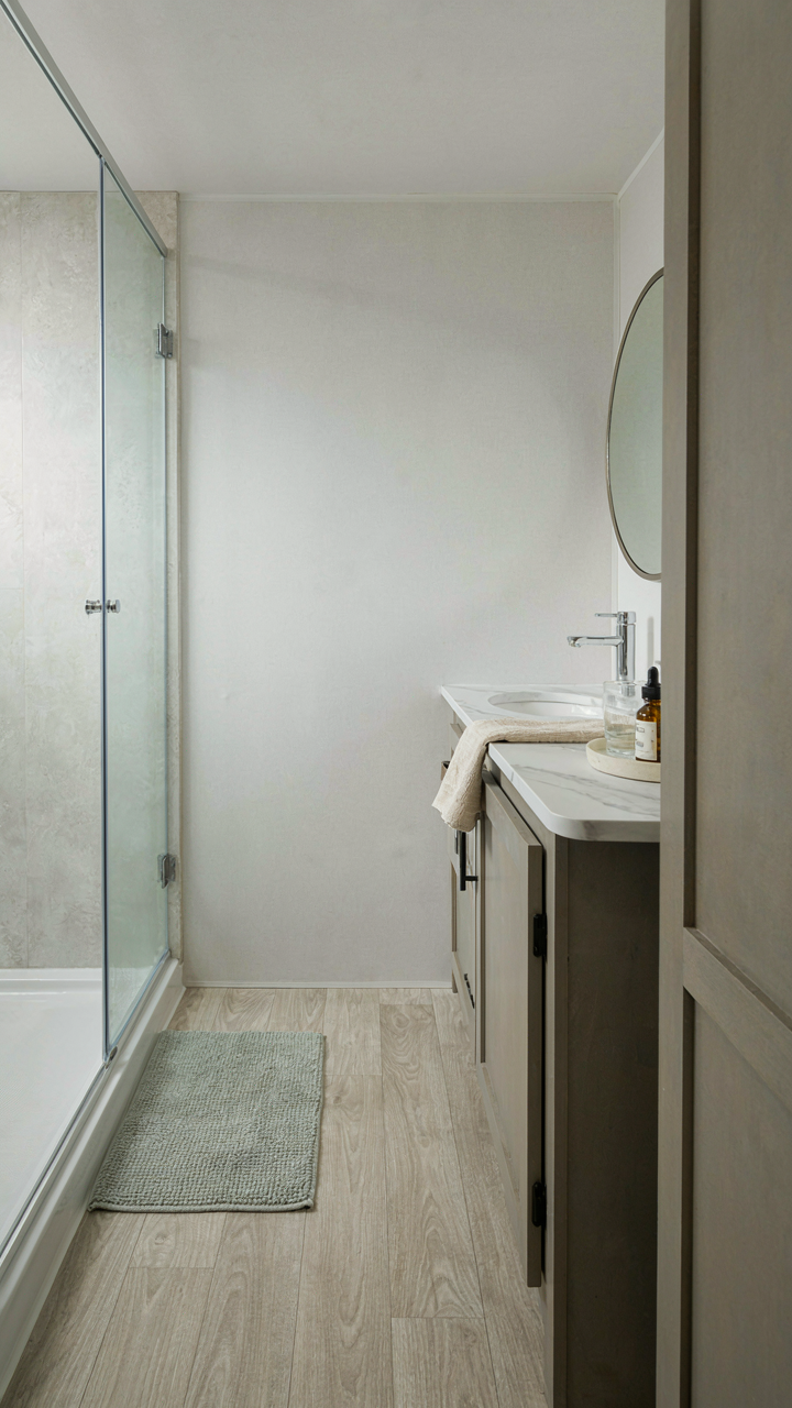 A clear glass shower door makes an RV bathroom look continuous.