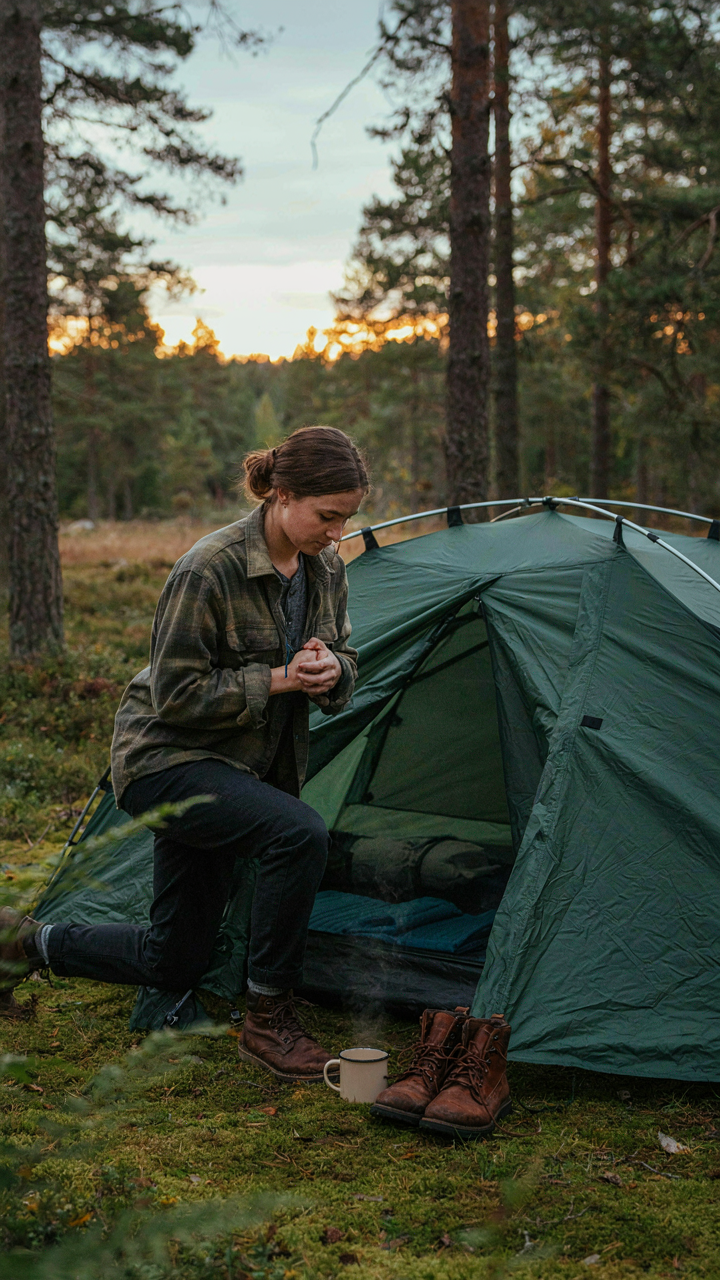 A camper carefully zips a tent closed at sunset, creating an invisible wall against bugs.