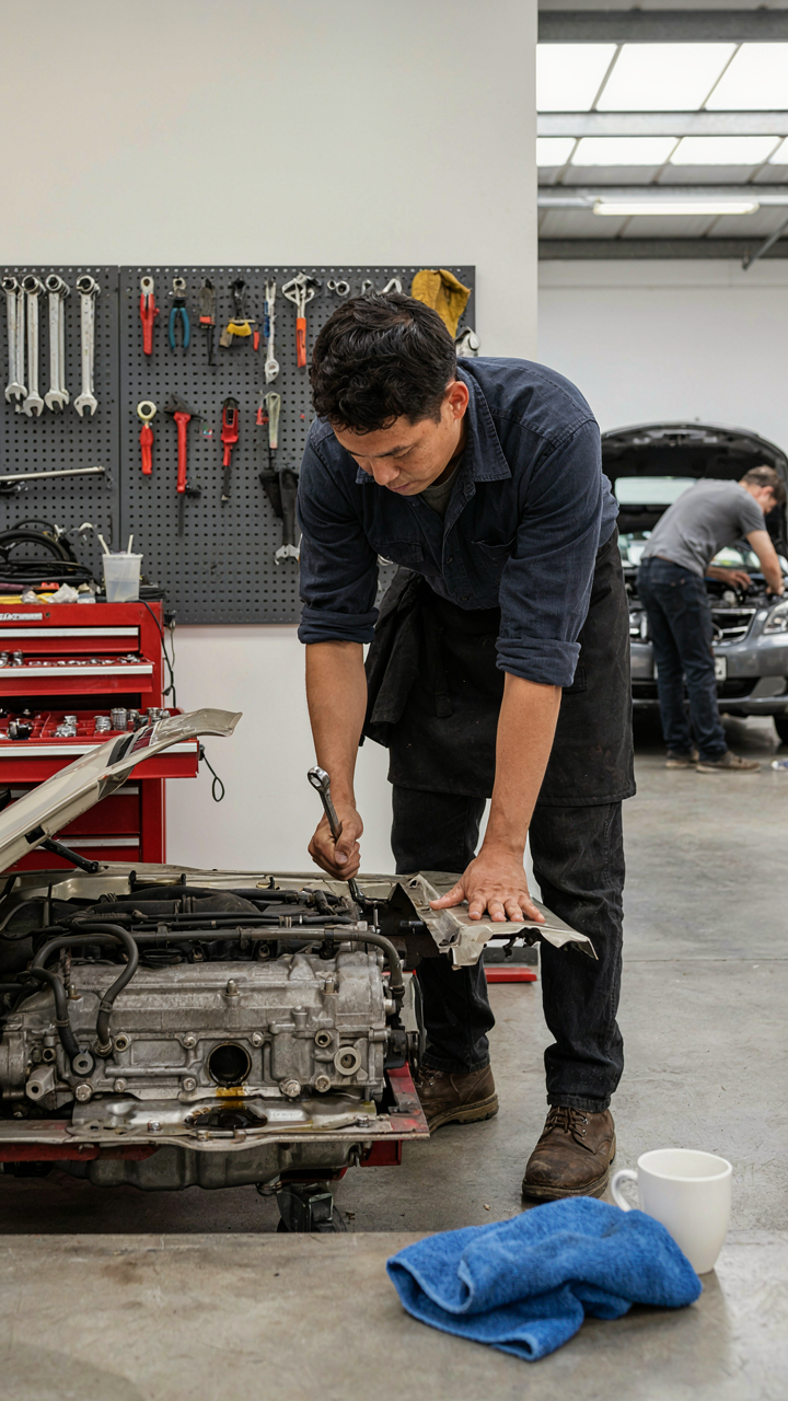 A mechanic making a small adjustment to an engine with a wrench.