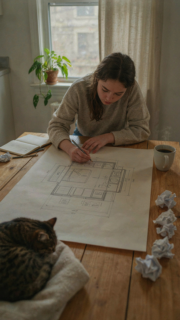 A person drawing a layout for a cargo trailer camper conversion.