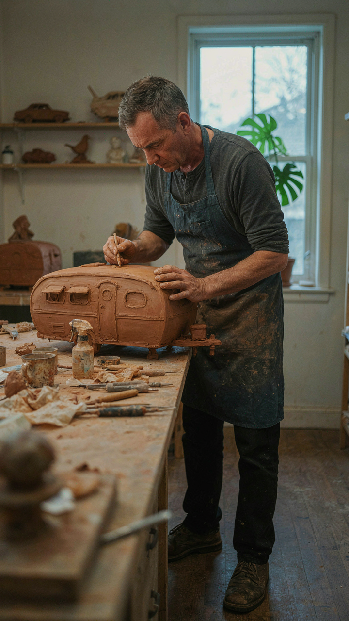 A sculptor refines a clay model of a vintage travel trailer.