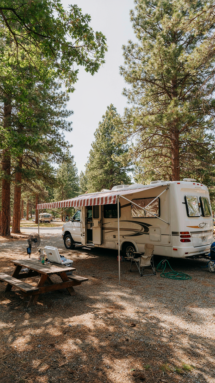 An RV campsite shows various rv cooling hacks like an awning and shade.