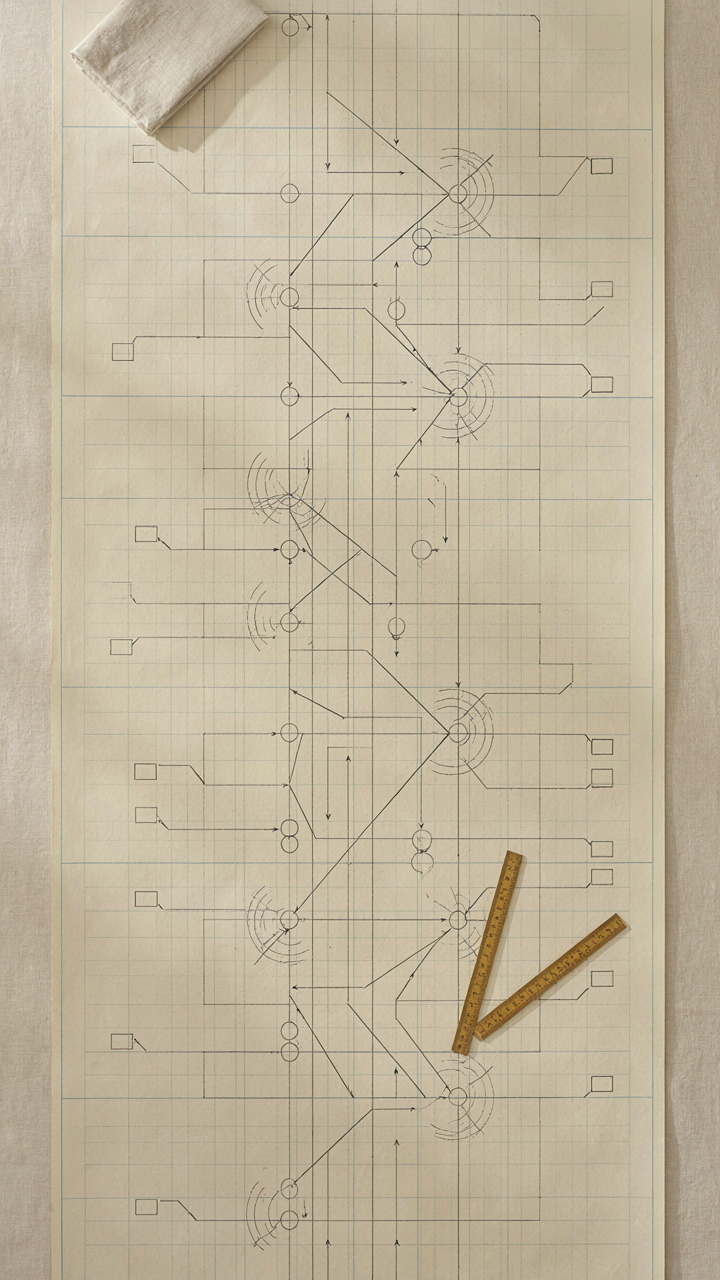 A blueprint with intersecting lines showing movement and seating at a long dining table.