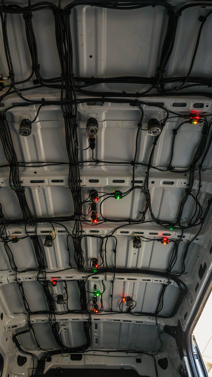 A complex grid of wires and sensors on a van ceiling.