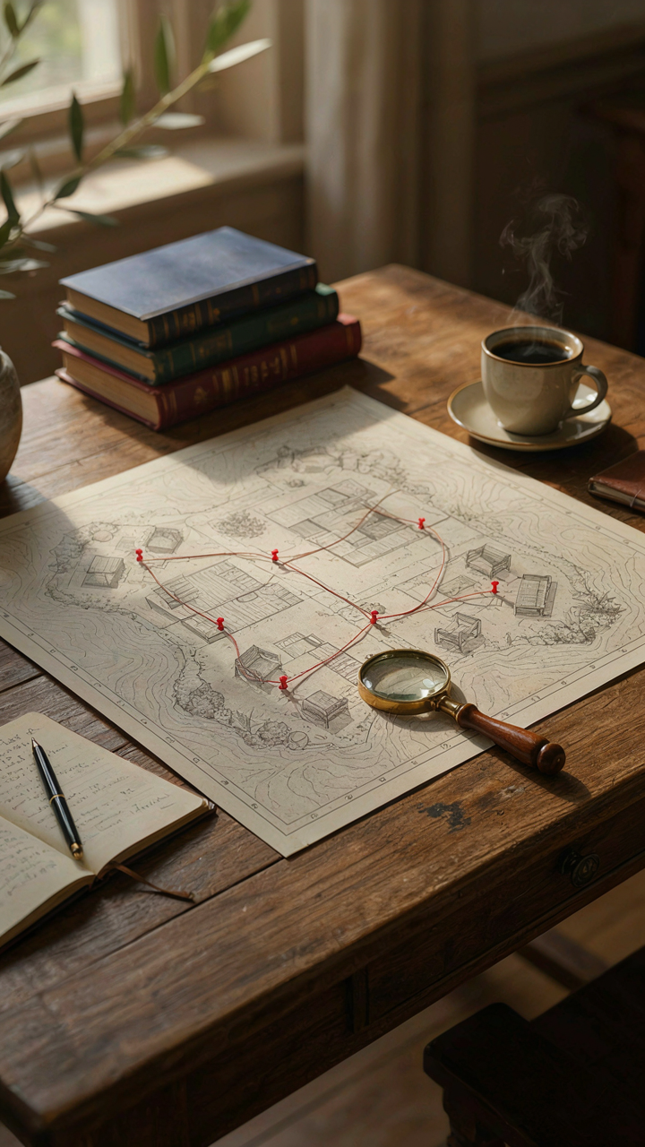 A tactical map of a patio with string lights, showing pathways.