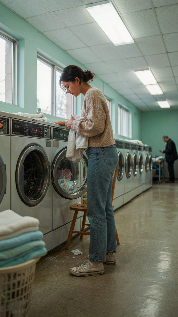 A person looking at a broken washing machine in an empty laundromat.