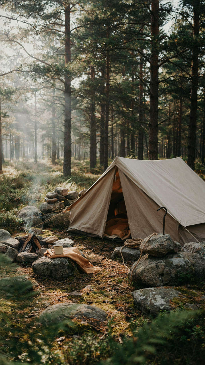 A campsite that blends into nature using muted colors and natural materials.
