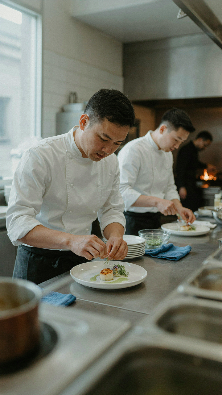 A chef quickly garnishes a dish in a professional kitchen.