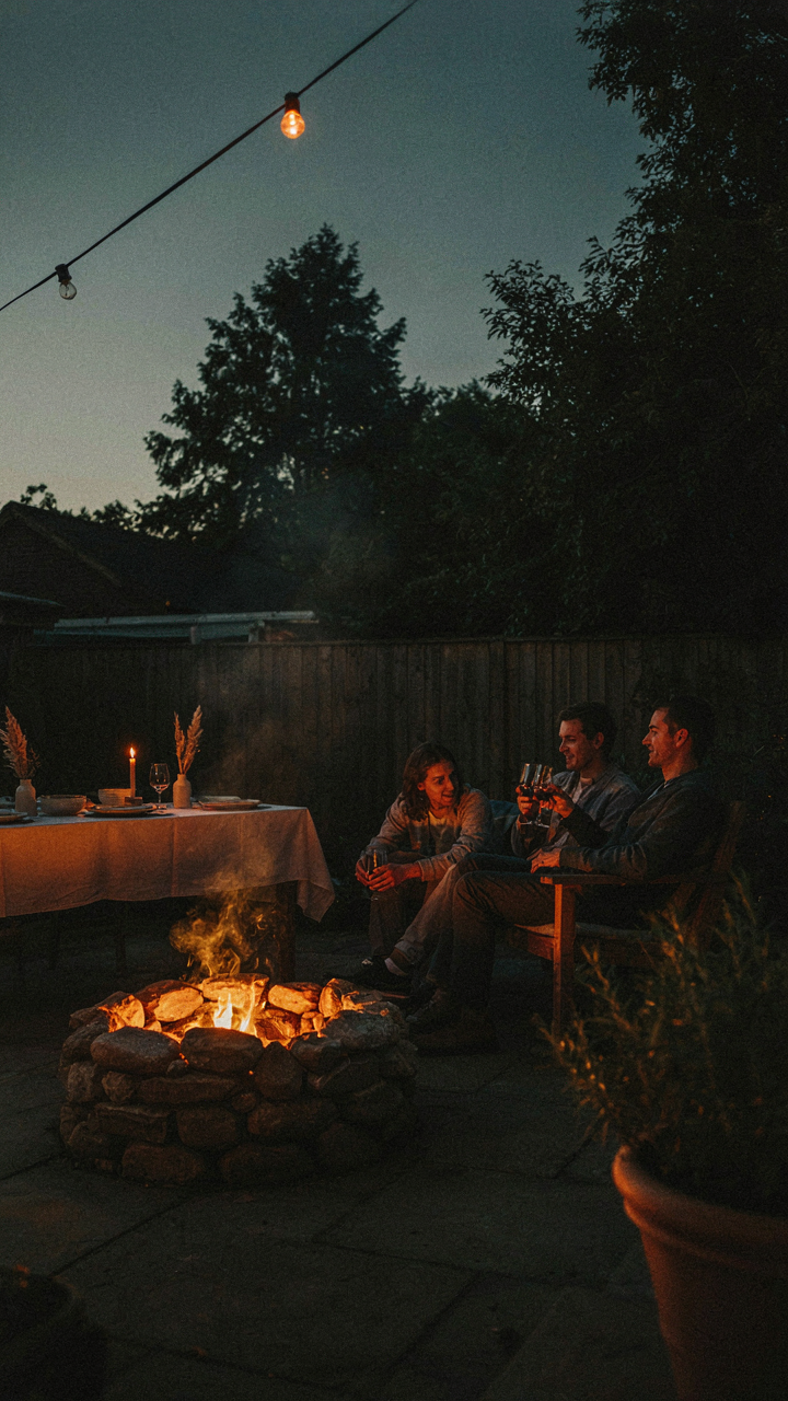 A minimalist backyard party aesthetic with a few light sources and dark areas.