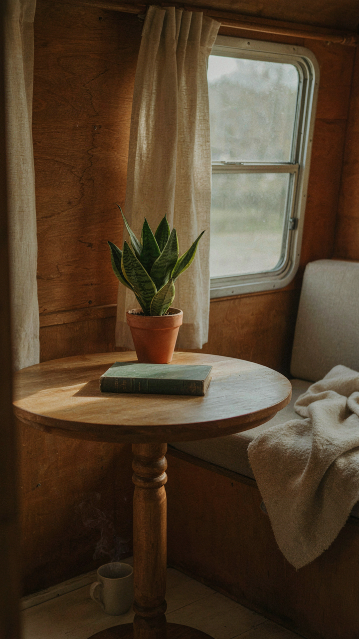 A minimalist and cozy vintage camper interior with essential items.