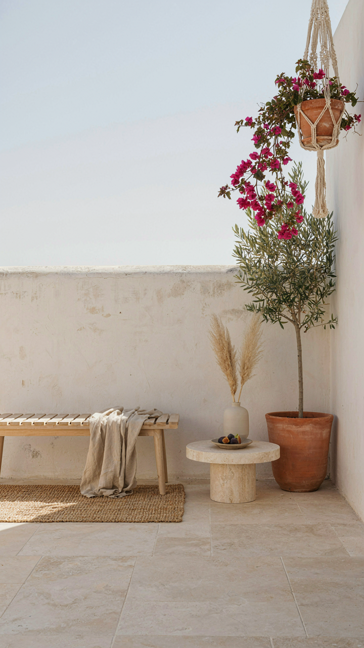 A minimalist, well-organized patio with intentional furniture and plants.