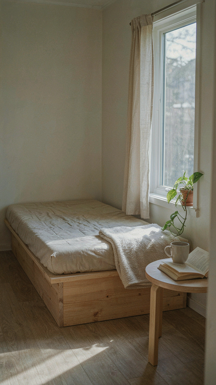 A thin, firm mattress on a simple platform bed in a minimalist camper trailer.