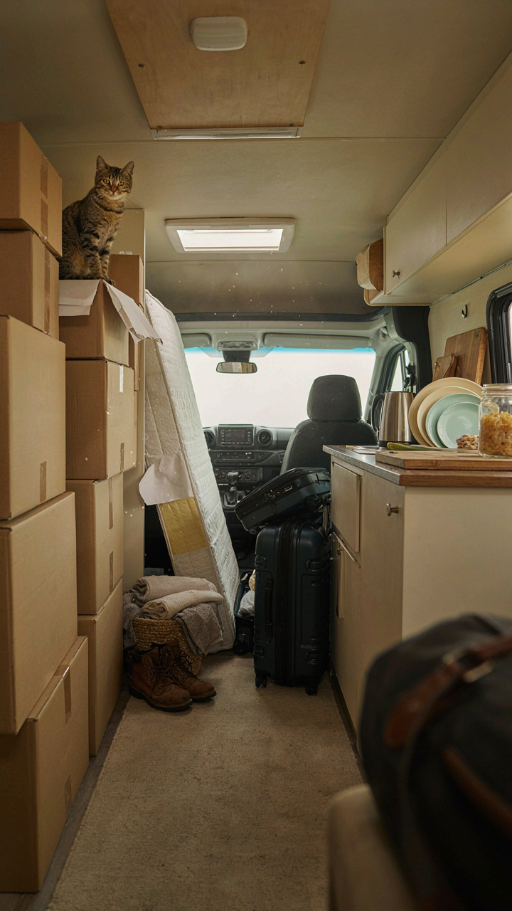 A tiny camper interior is completely filled with too many household items.