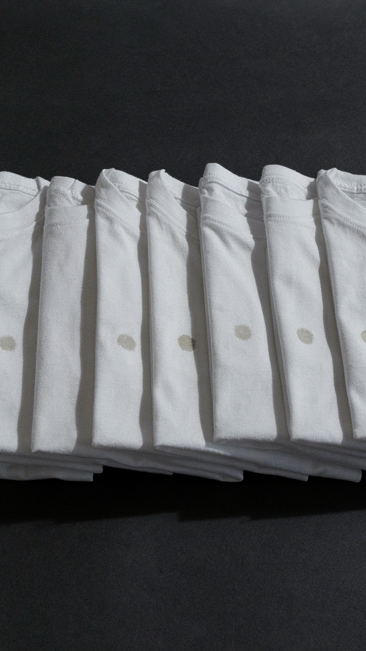A neat row of white t-shirts, each with a small stain.