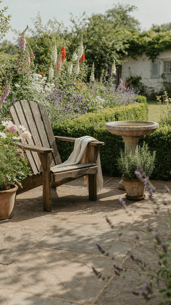 A simple garden patio with an Adirondack chair and a birdbath.