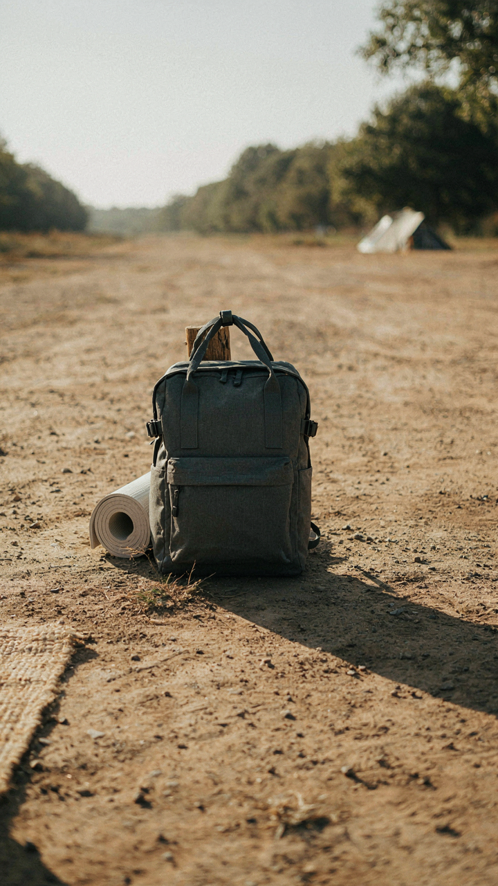 A single, well-packed, minimalist backpack sits on a clean festival campsite.