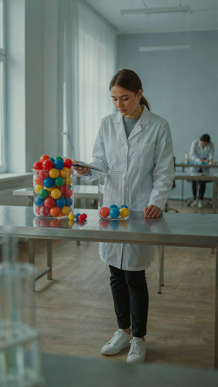 A scientist examines beakers, one with many balls, one with few.