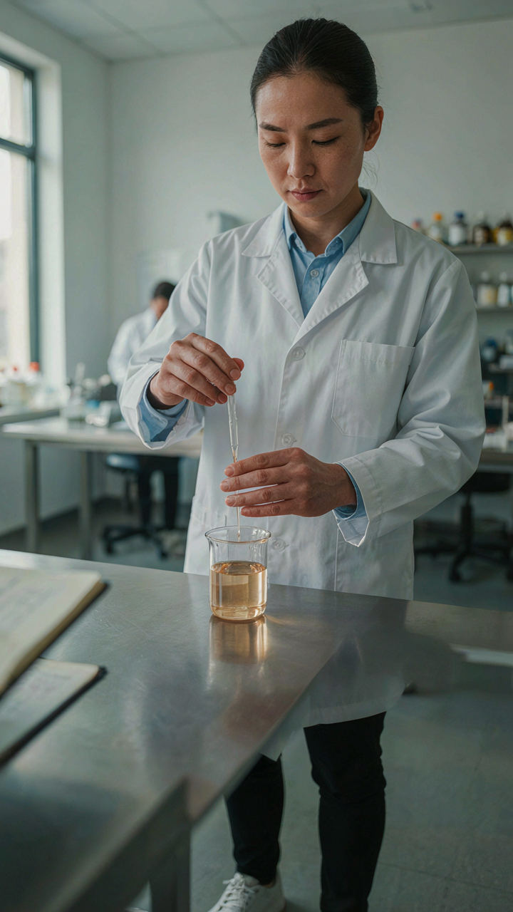 A chemist precisely adds a drop of liquid to a beaker with a pipette.
