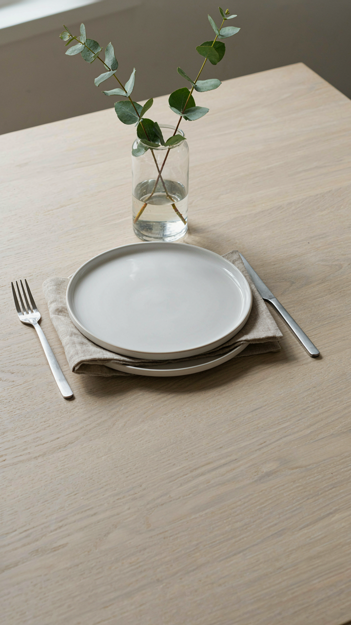 A minimalist table setting with white plates and green sprigs in a vase.