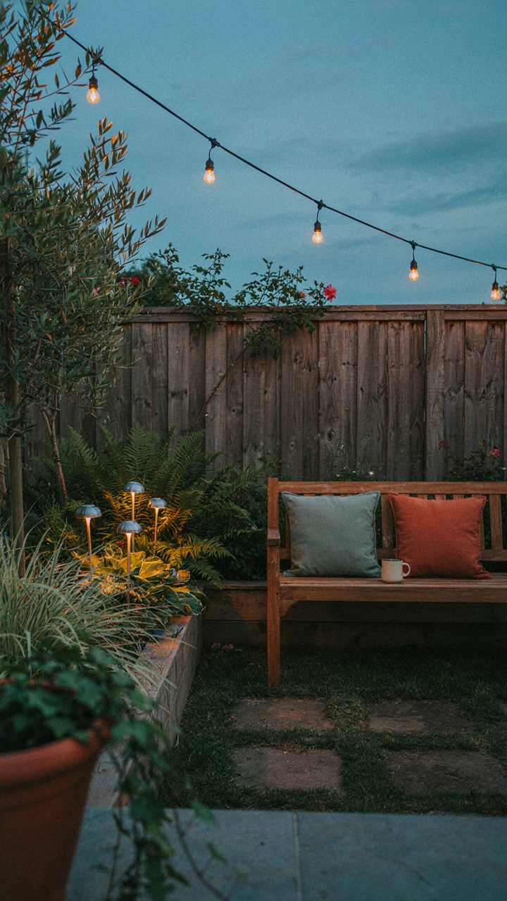 Various light sources complement each other in a backyard setting.