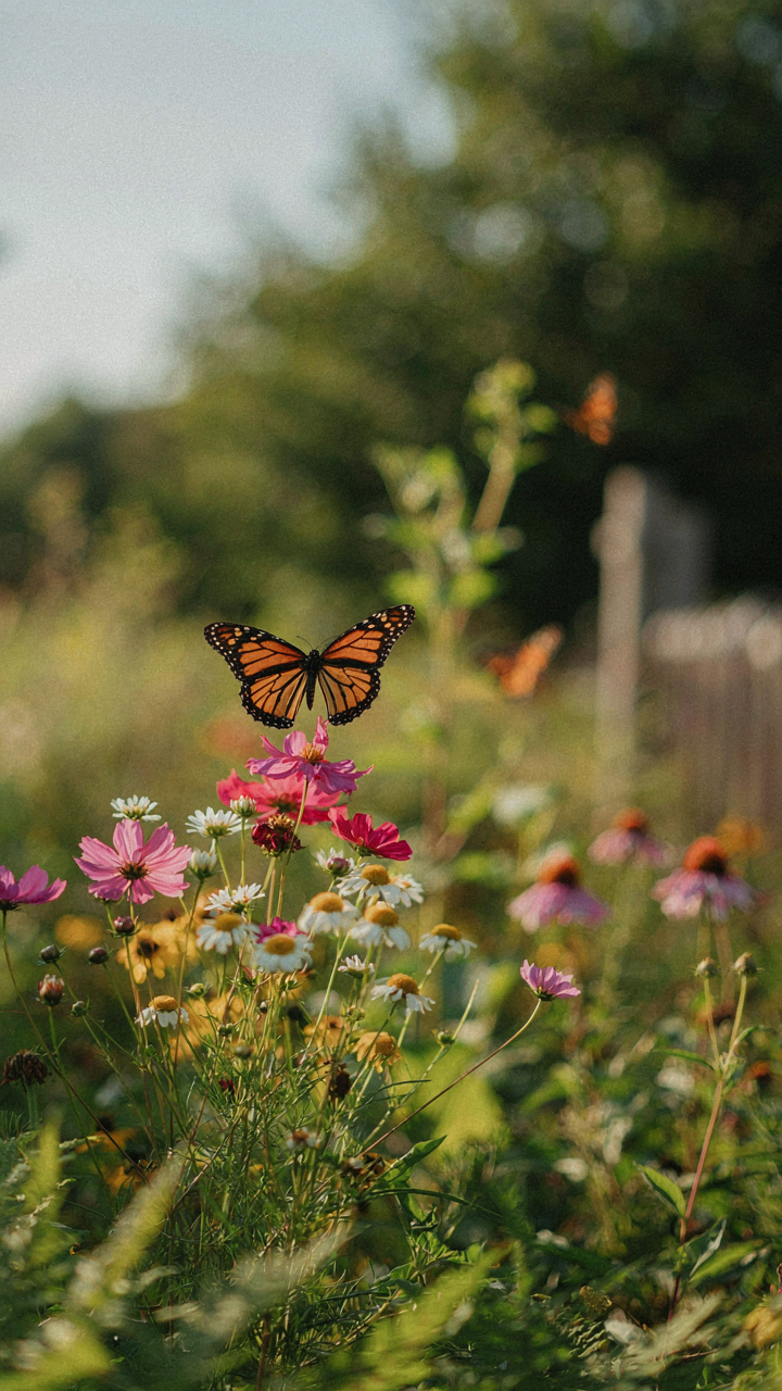 A butterfly flies over colorful flowers in a garden.